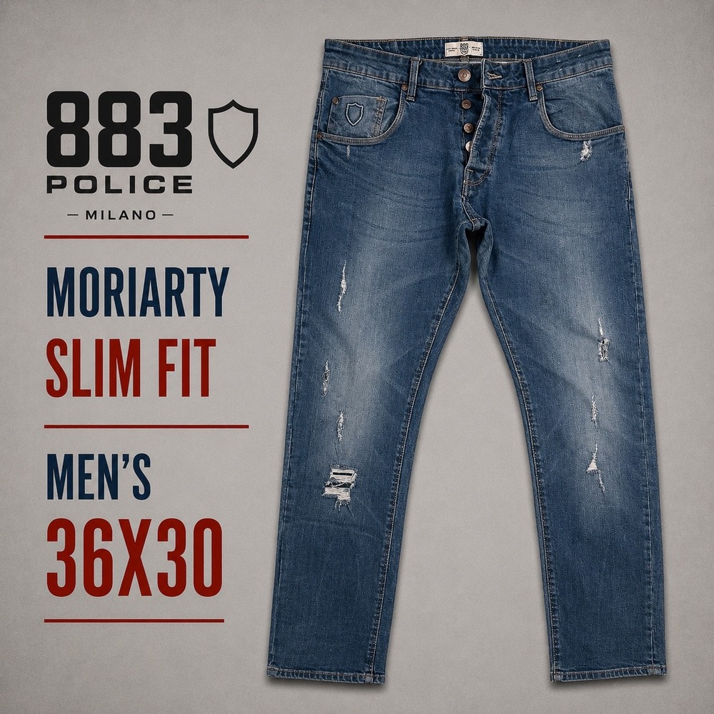 883 Police Milano Moriarty Slim Fit Men Distressed Blue Denim Jeans 36x30